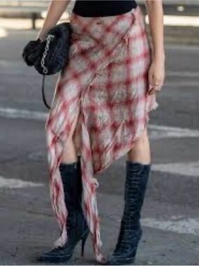 Diesel Pink Plaid Asymmetrical Midi Skirt